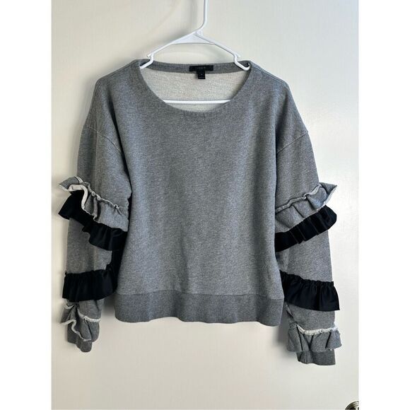 J Crew size M gray sweatshirt with black ruffled sleeves - Picture 2 of 7